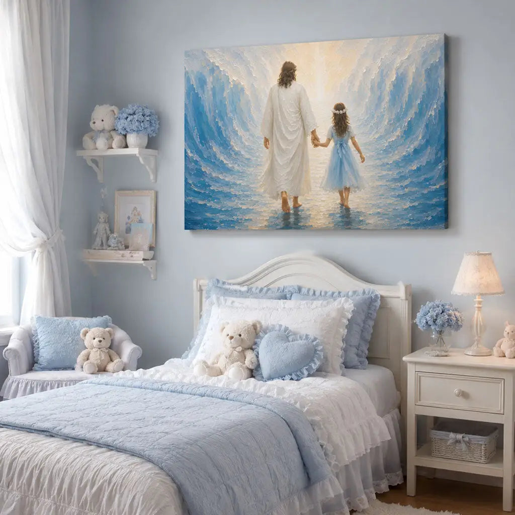 Jesus and a Little Girl Walking Through the Sea Christian Wall Art Canvas