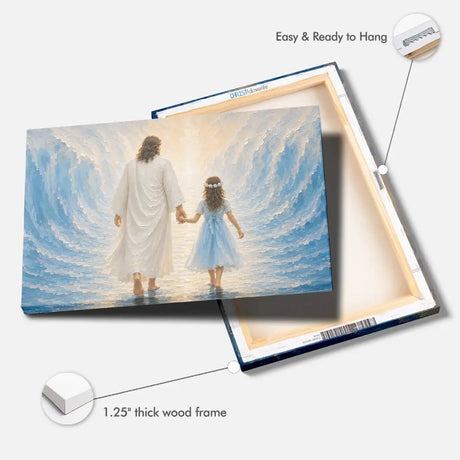 Jesus and a Little Girl Walking Through the Sea Christian Wall Art Canvas