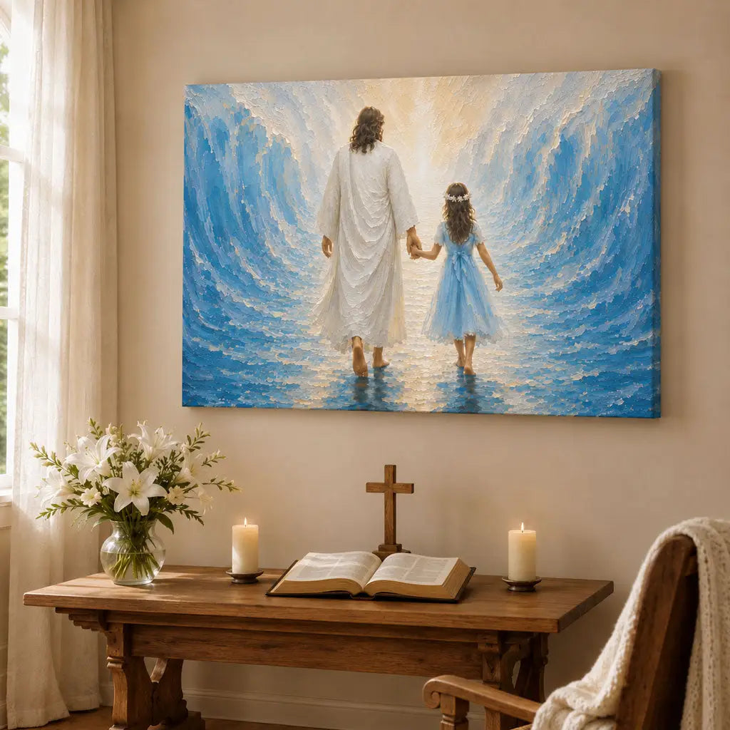 Jesus and a Little Girl Walking Through the Sea Christian Wall Art Canvas