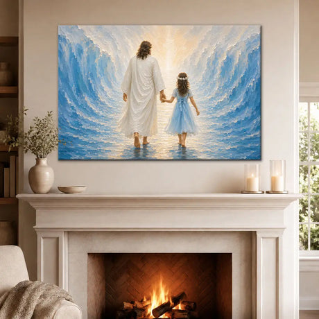 Jesus and a Little Girl Walking Through the Sea Christian Wall Art Canvas