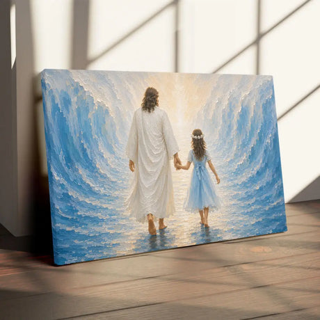 Jesus and a Little Girl Walking Through the Sea Christian Wall Art Canvas