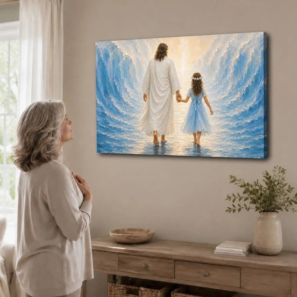 Jesus and a Little Girl Walking Through the Sea Christian Wall Art Canvas