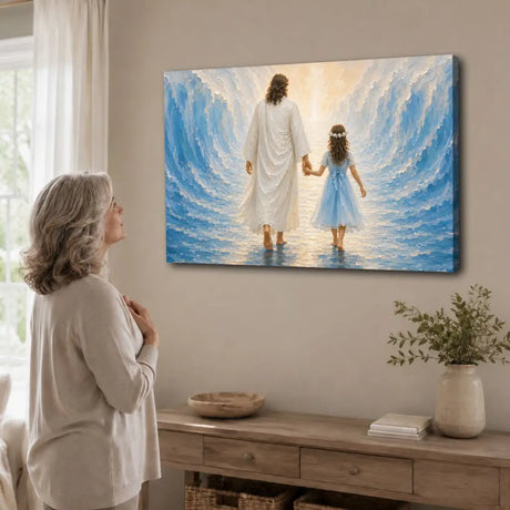 Jesus and a Little Girl Walking Through the Sea Christian Wall Art Canvas