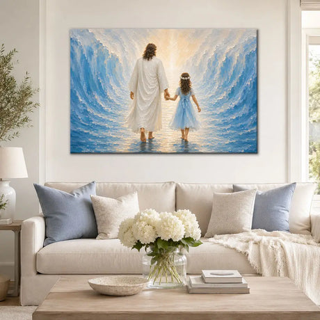 Jesus and a Little Girl Walking Through the Sea Christian Wall Art Canvas
