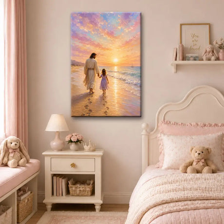 Jesus and little girl beach sunset canvas print with footprints faith inspired decor