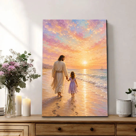 Jesus And Little Girl On Beach – Footprints – Christian Wall Art Canvas