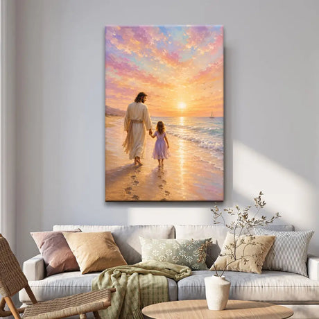 Christian wall art canvas featuring Jesus and child on beach with footprints in the sand