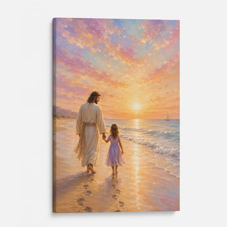 Christian wall decor showing Jesus walking with a little girl along the ocean shore