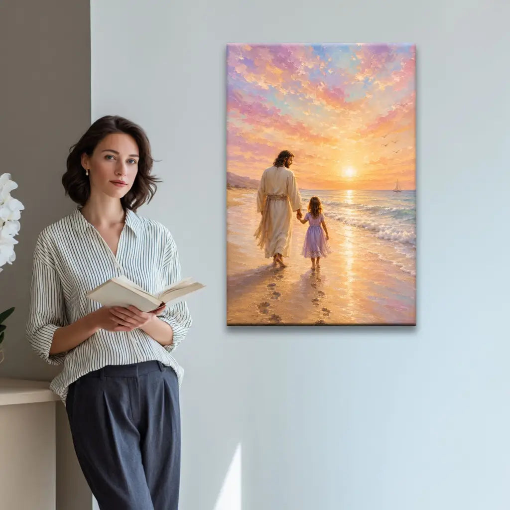 Jesus And Little Girl On Beach – Footprints – Christian Wall Art Canvas