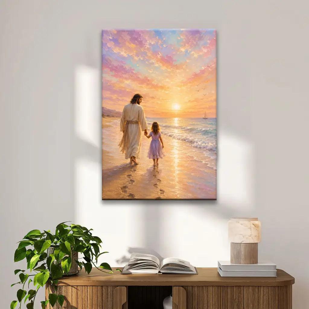 Jesus And Little Girl On Beach – Footprints – Christian Wall Art Canvas