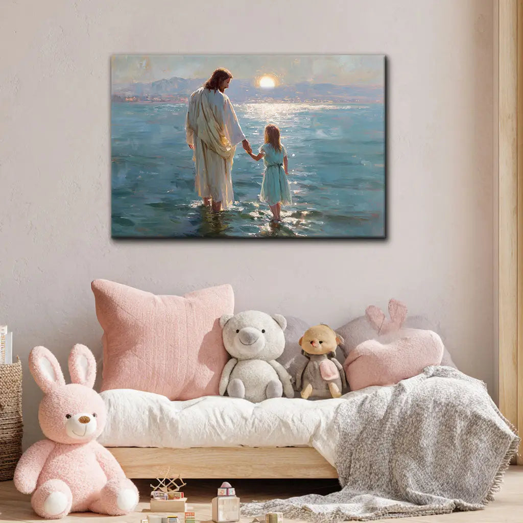 Faith-based wall art with Jesus and child, Christian gift for comfort, love, and encouragement.