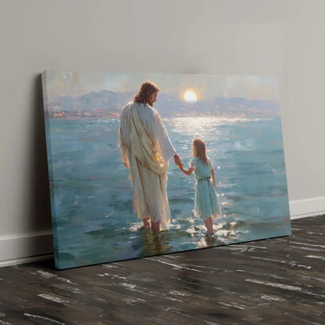 Jesus walking with girl on water, inspirational Christian canvas for Mother’s Day or baby showers.