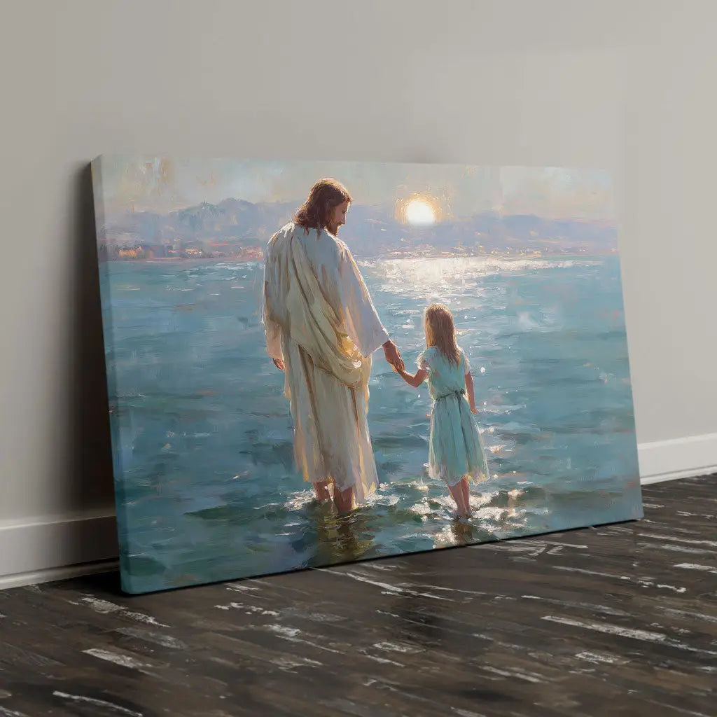 Jesus walking with girl on water, inspirational Christian canvas for Mother’s Day or baby showers.