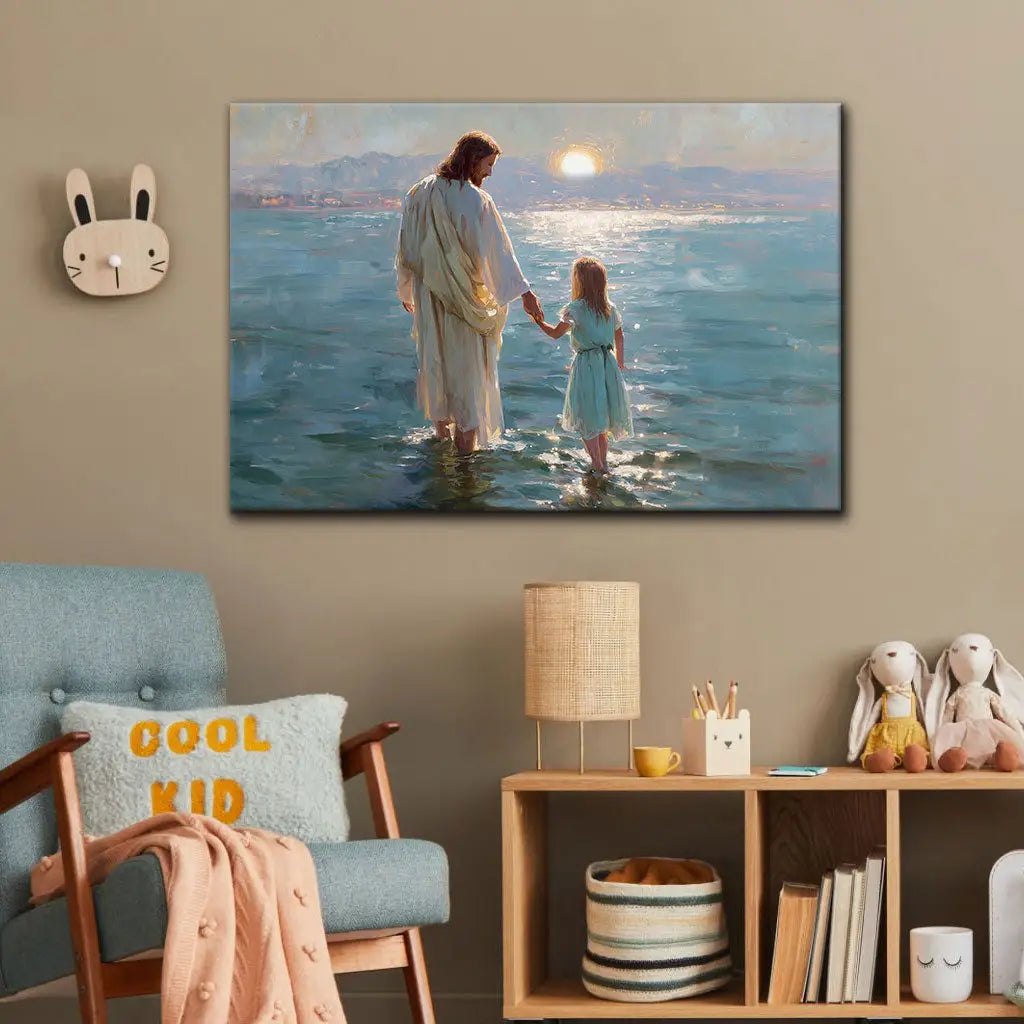 Christian wall art of Jesus and little girl on water, faith-based gift for birthdays or baptisms.