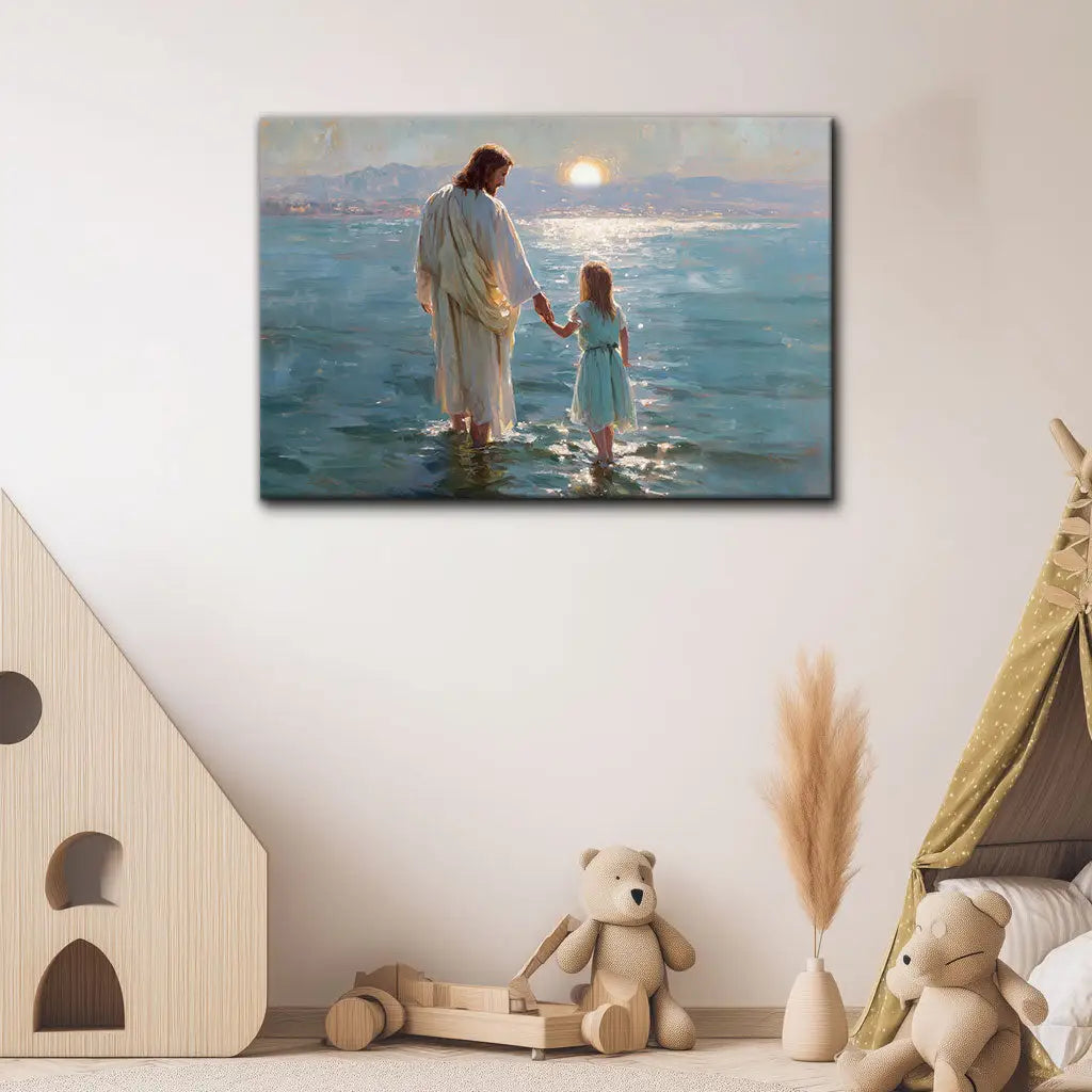 Christian canvas of Jesus guiding little girl on water, perfect for baptisms, birthdays, or moms.
