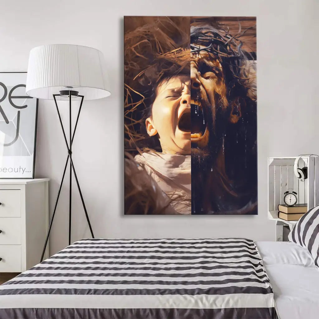 Christian wall art showing Jesus&#39; first and final breaths, symbolizing sacrifice, Ideal Christian Home decor.