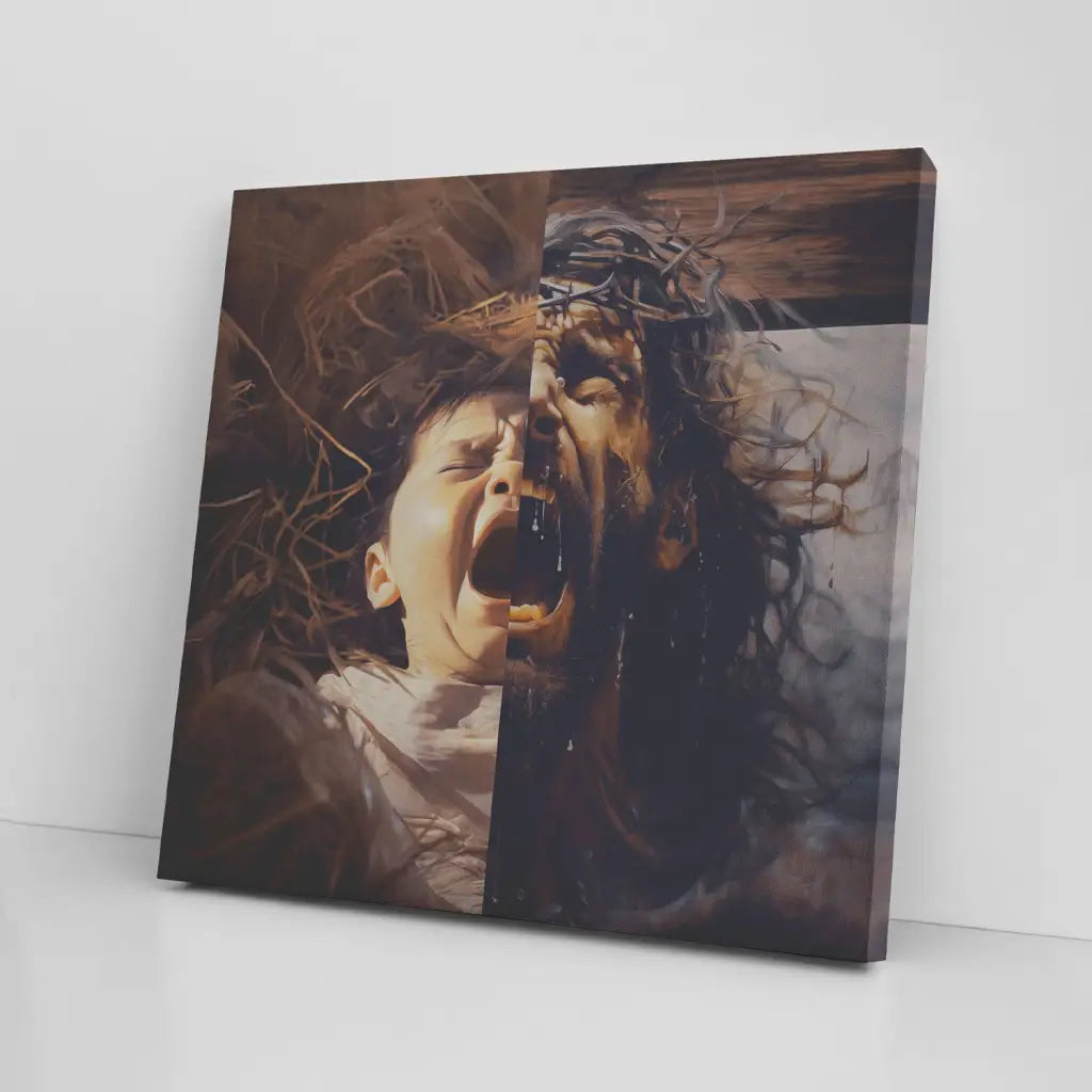 Faith-based wall art with images of baby Jesus and Jesus on the cross, symbolizing His birth and sacrifice, great for Christian homes.