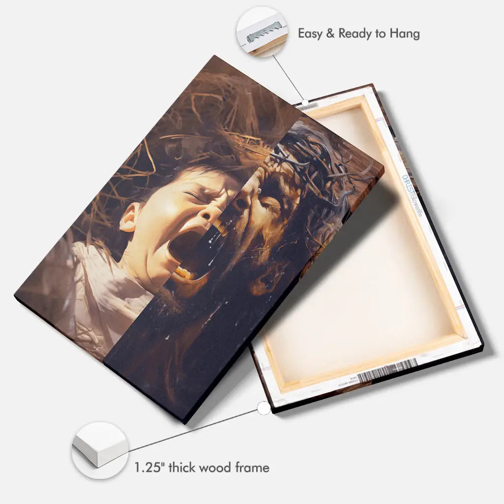 Religious wall art canvas with Jesus as a baby and on the cross, perfect for faith-filled home decor that reflects His journey.