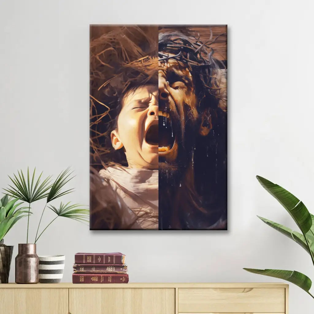 Jesus&#39; journey from birth to the cross displayed on Christian canvas wall art.