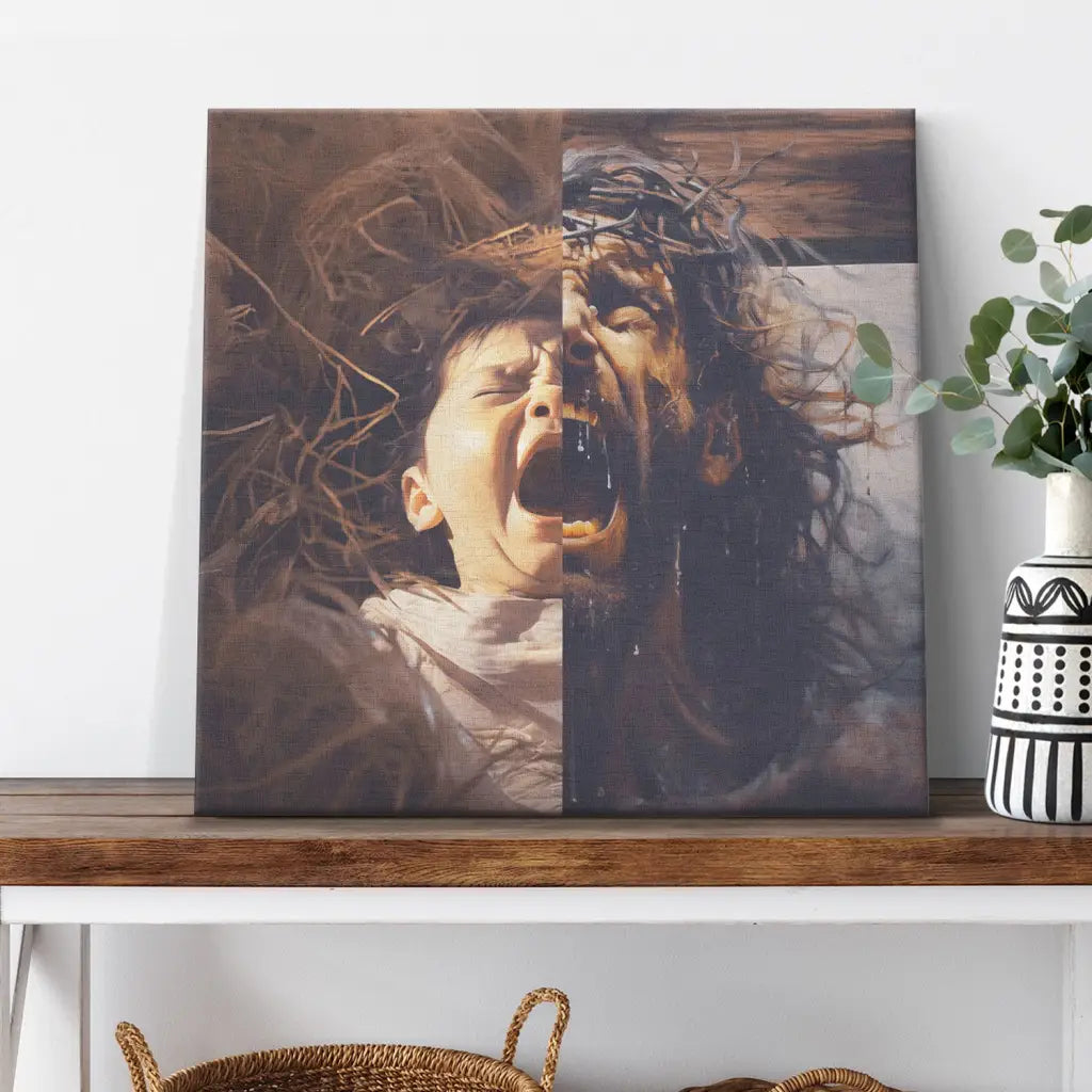 Inspirational canvas print showing Jesus as a baby and on the cross, ideal Christian home decor for reflection and worship.