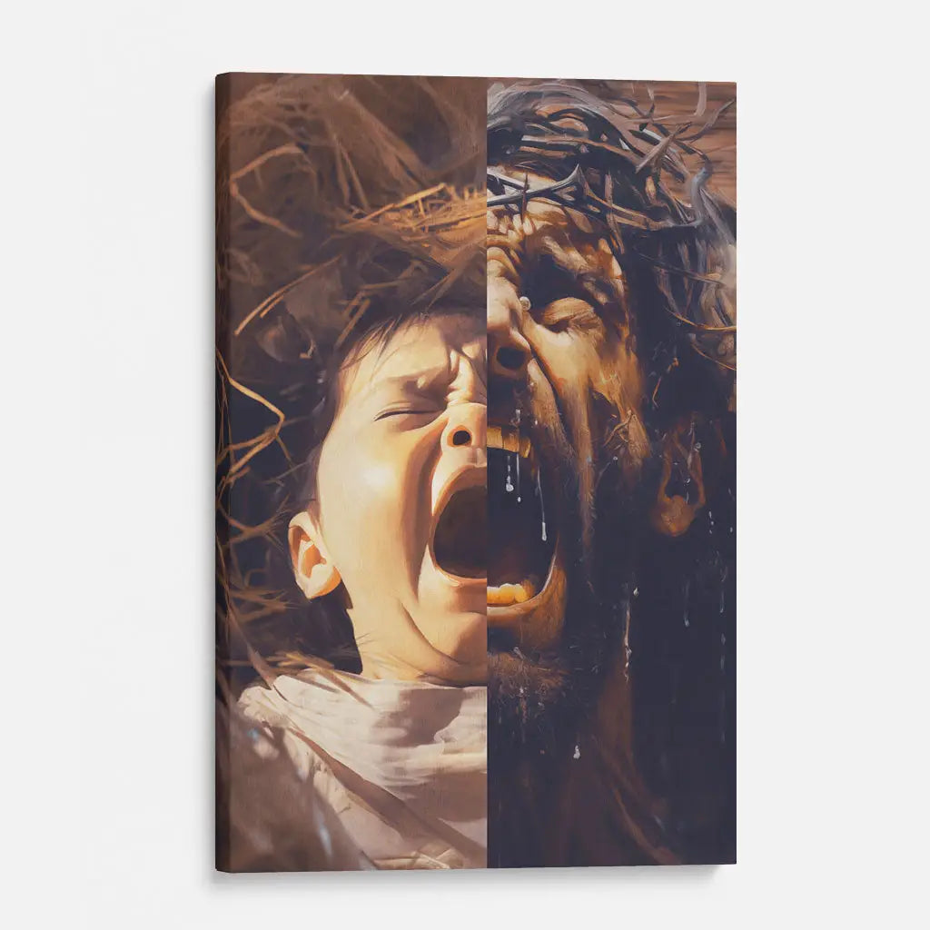 Faith-based wall art symbolizing Jesus&#39; sacrifice with a portrayal of His first and final breaths, great for Christian homes.