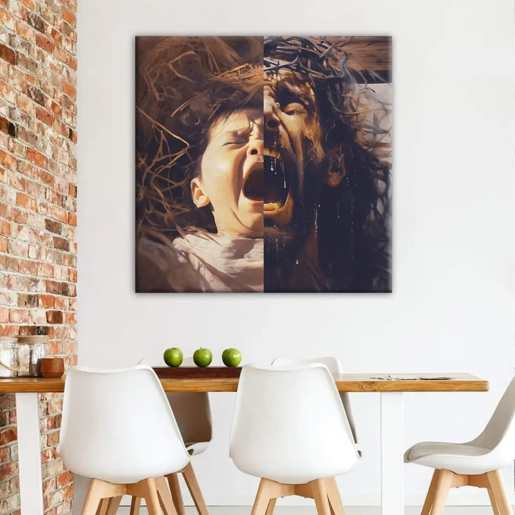 Christian wall art canvas print depicting baby Jesus and Jesus on the cross, symbolizing His sacrifice, ideal inspirational wall art for believers.