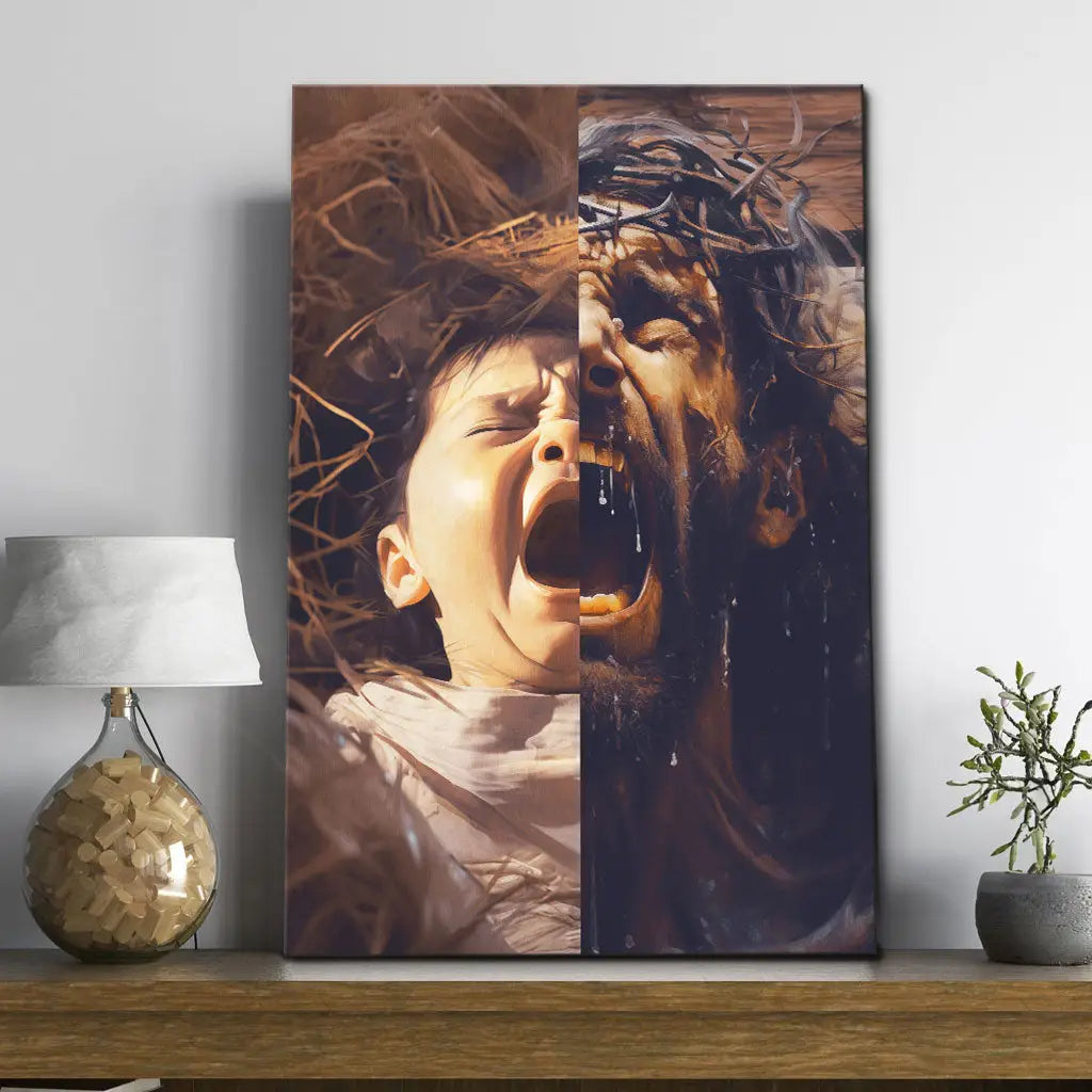 Christian wall art canvas depicting Jesus&#39; birth and sacrifice, symbolizing God&#39;s love.