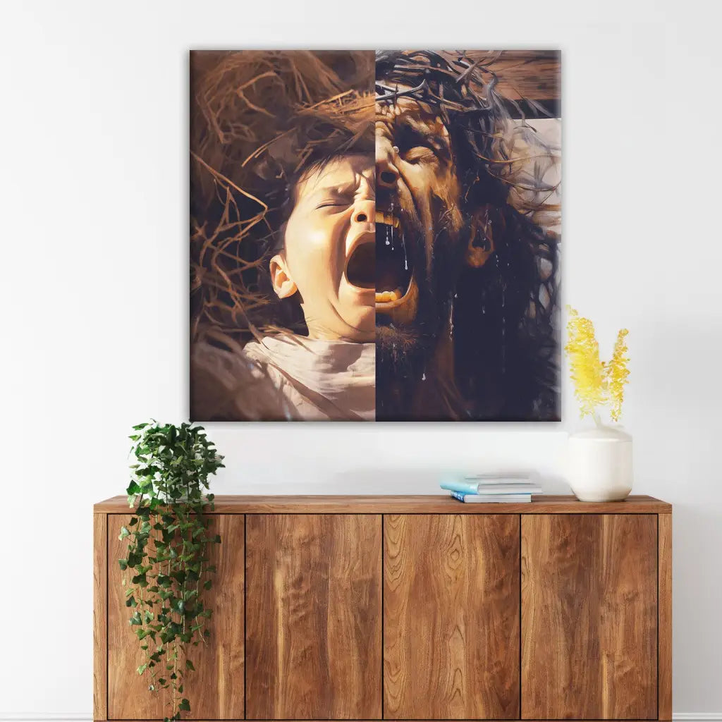 Christian wall art featuring Jesus as a baby and on the cross, symbolizing His life and sacrifice, perfect faith-based decor - Square