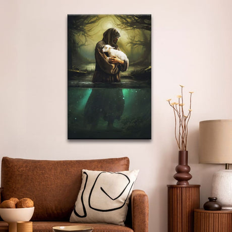 Inspirational canvas print with Jesus as a shepherd and a lost lamb, ideal Christian wall art for homes.