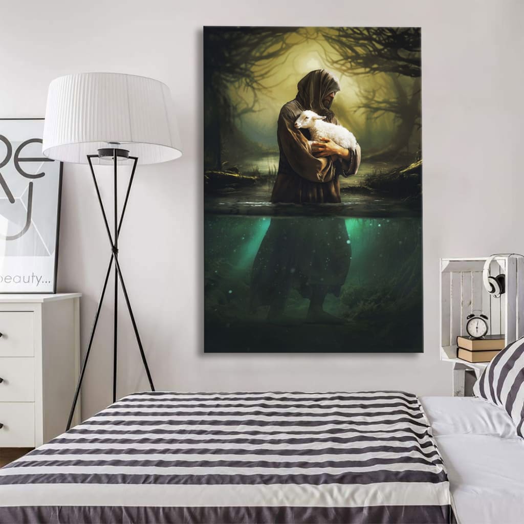 Lost Lamb of God, Jesus As Shepherd Carrying Lamb Through The Waters Wall Art Canvas for Bedroom