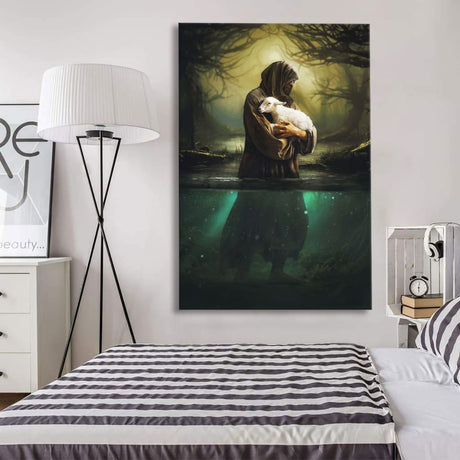 Lost Lamb of God, Jesus As Shepherd Carrying Lamb Through The Waters Wall Art Canvas for Bedroom
