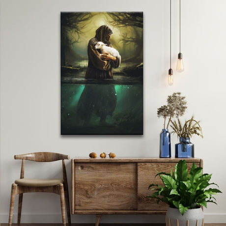 Christian wall art featuring Jesus as a shepherd carrying a lost lamb through water, perfect faith-based home decor.