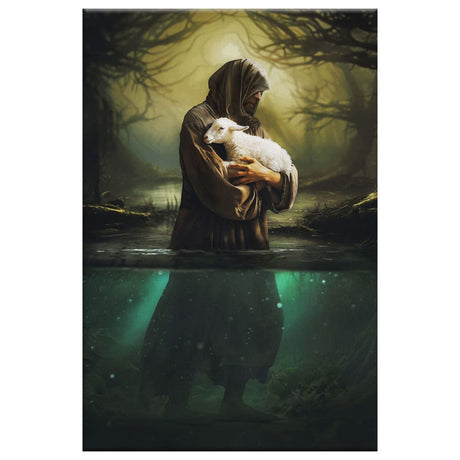 Jesus As Shepherd Carrying Lamb Through The Waters Wall Art Canvas, Christian Wall Decor