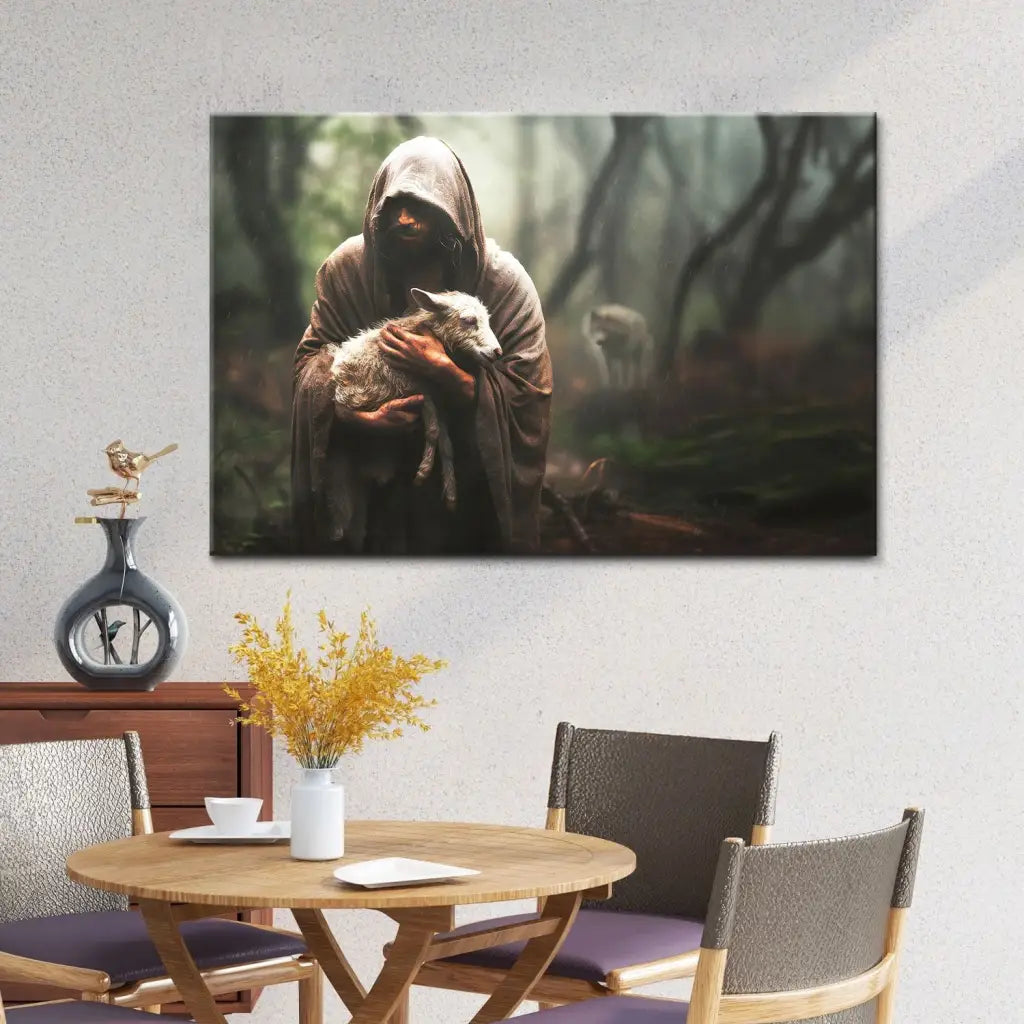 Christian wall décor of Jesus holding lost lamb, inspirational scripture gift about faith and love.