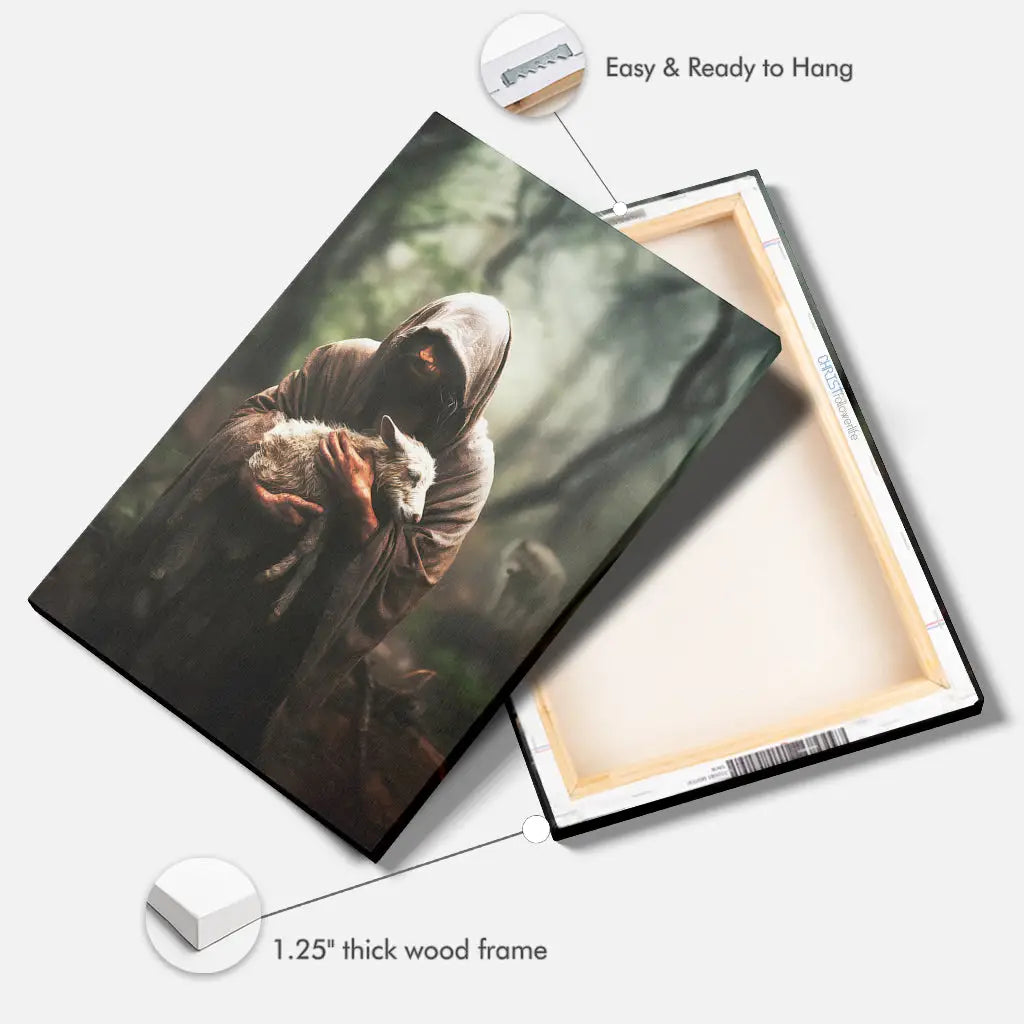 Christian portrait canvas of Jesus and sheep, inspirational faith-based artwork with Bible message.