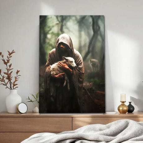 Jesus carrying lamb wall décor, Christian faith-based portrait art with Bible verse and inspiration.