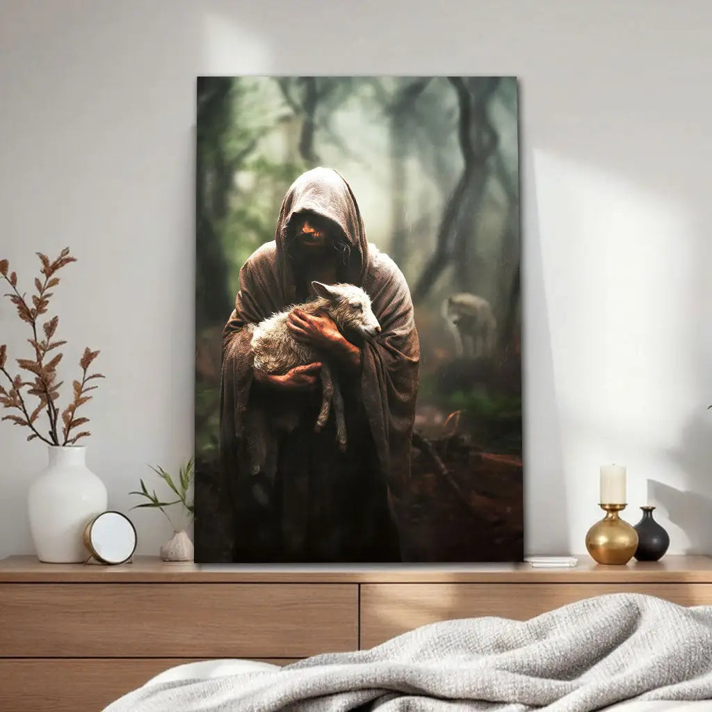 Jesus carrying lamb wall décor, Christian faith-based portrait art with Bible verse and inspiration.