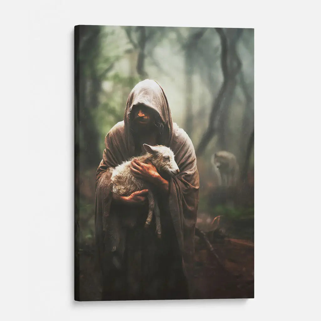 Faith and religion wall art of Jesus with lost lamb, Christian gift featuring scripture and love.