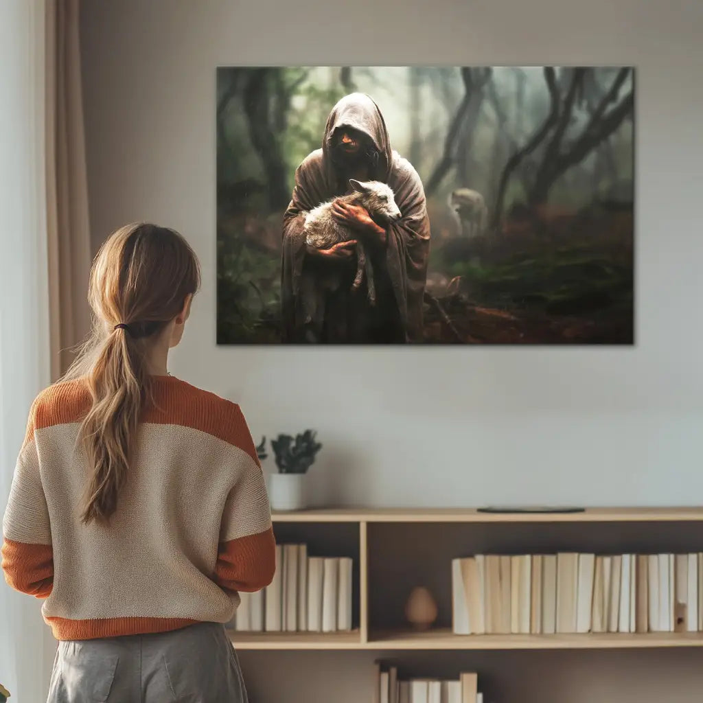 Inspirational Jesus wall art with lost lamb, Christian landscape canvas print for faith and comfort.