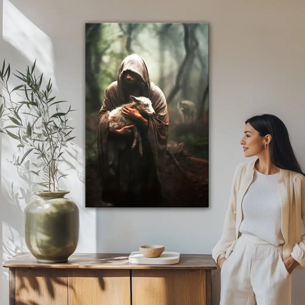 Inspirational Jesus portrait canvas with lost sheep, Christian scripture art about faith and rescue.