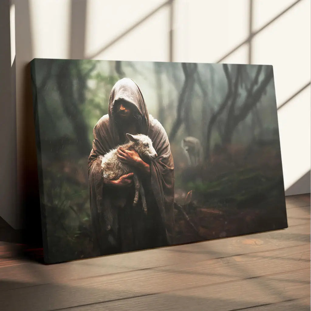 Faith-based canvas of Jesus carrying sheep, Christian gift with Bible verse and religious message.