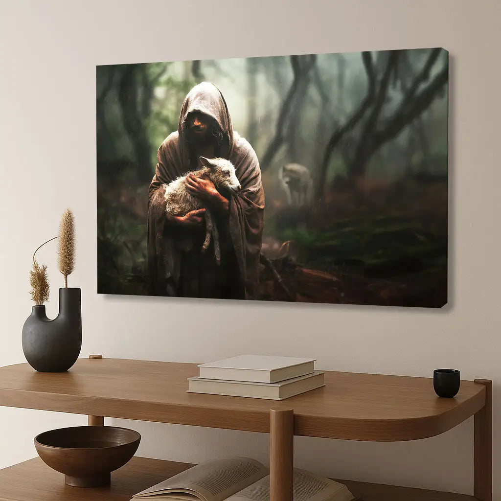 Landscape Christian art with Jesus and lamb, faith-based gift about Bible verse and redemption.