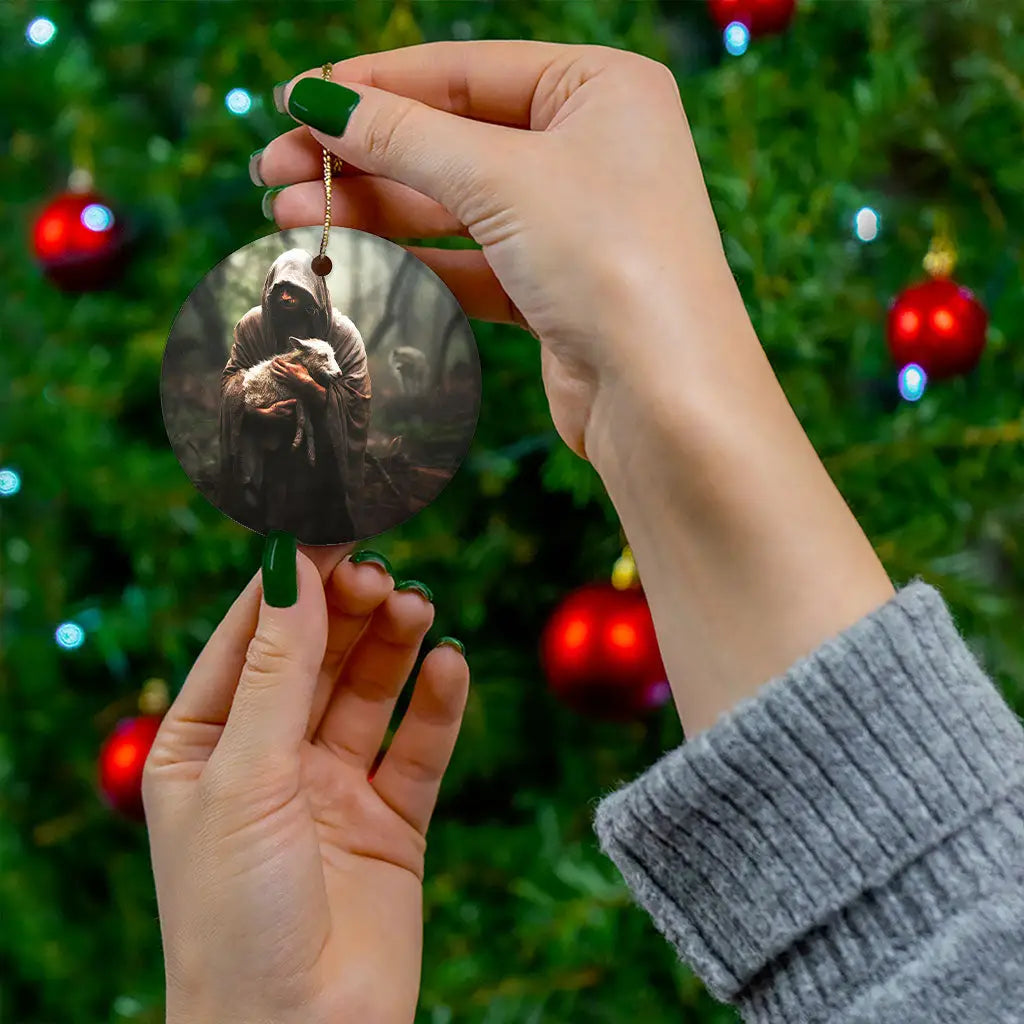 Christian Christmas ornament depicting Jesus carrying a lost sheep, representing faith and redemption.
