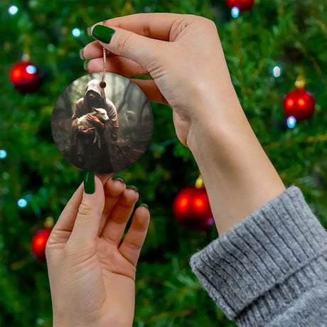 Christian Christmas ornament depicting Jesus carrying a lost sheep, representing faith and redemption.
