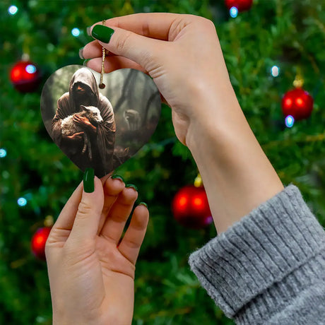 Christian holiday ornament featuring Jesus carrying a lost sheep, perfect for faith-filled gifting.