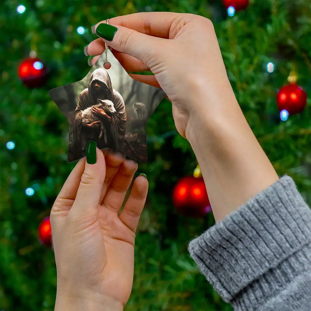 Inspirational Christmas ornament with Jesus carrying a lost sheep, perfect for faith and scripture lovers.