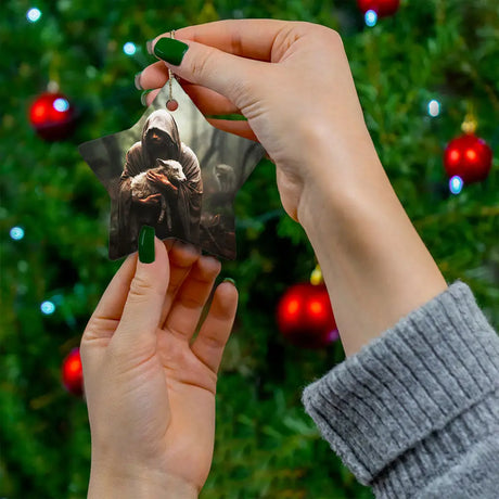 Inspirational Christmas ornament with Jesus carrying a lost sheep, perfect for faith and scripture lovers.