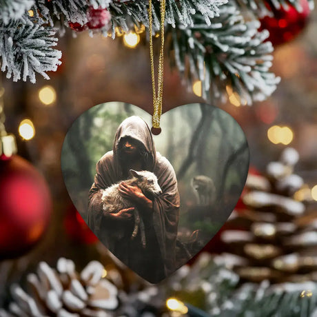 Faith-based ornament with Jesus and a lost sheep, an inspiring reminder of God’s love and care.