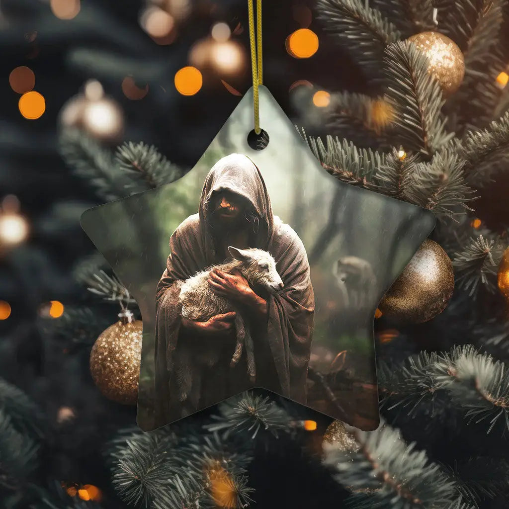 Christian ornament of Jesus with a lost sheep, a symbol of faith and love in holiday decorations.