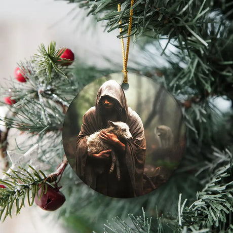 Inspirational ornament of Jesus carrying a lost sheep, a meaningful Christian gift for the holidays.